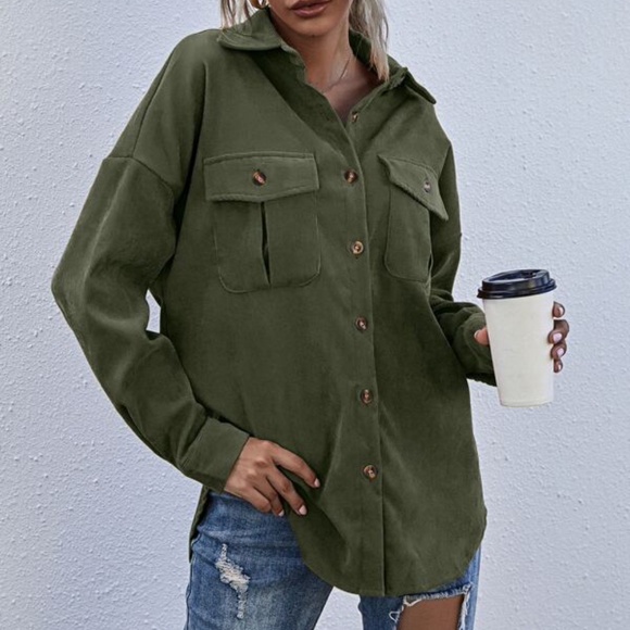 Green Boyfriend fit oversized shacket jacket corduroy Minimalist - Picture 13 of 16